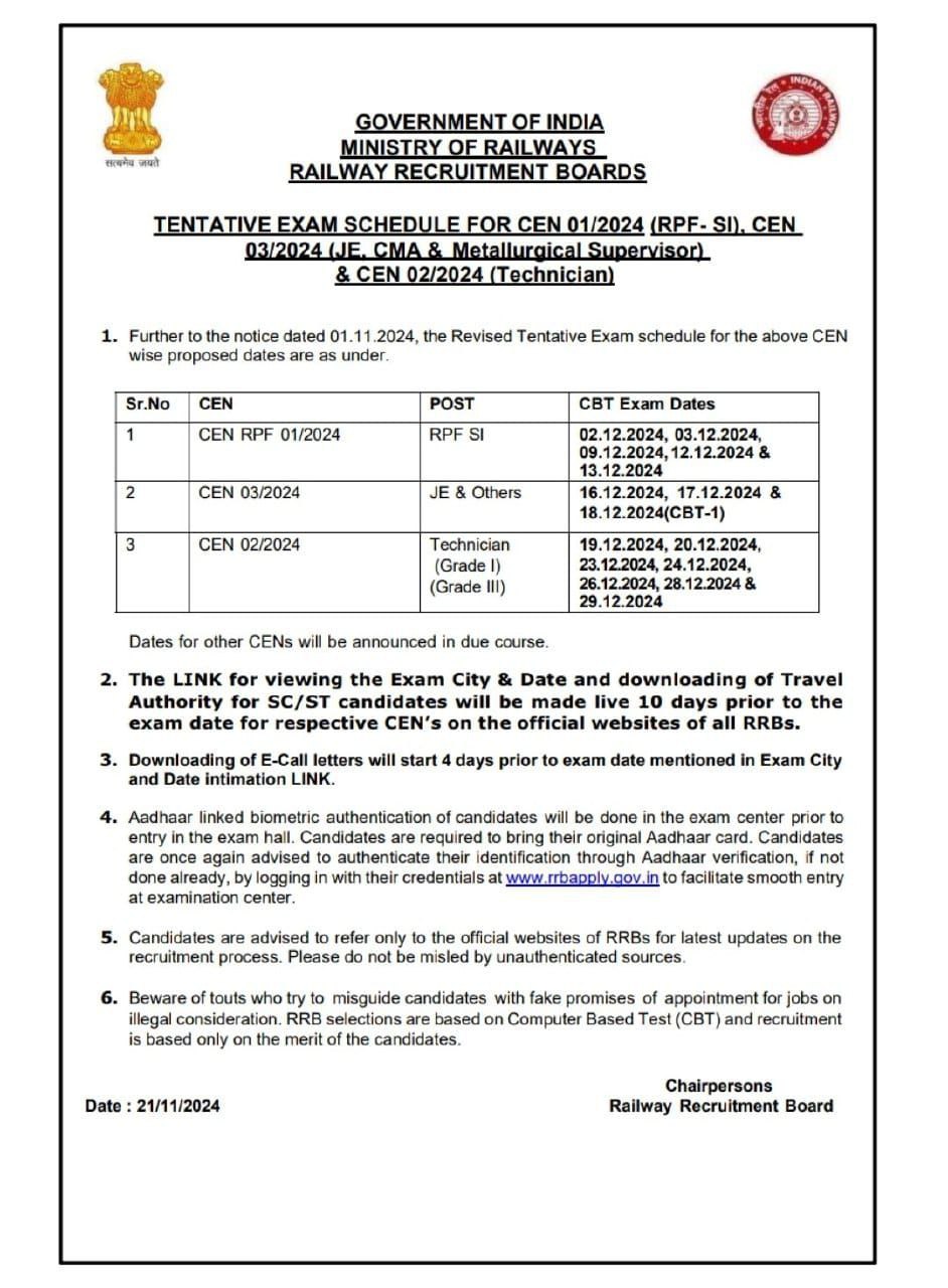 Important Notice For RRB Exams 2024